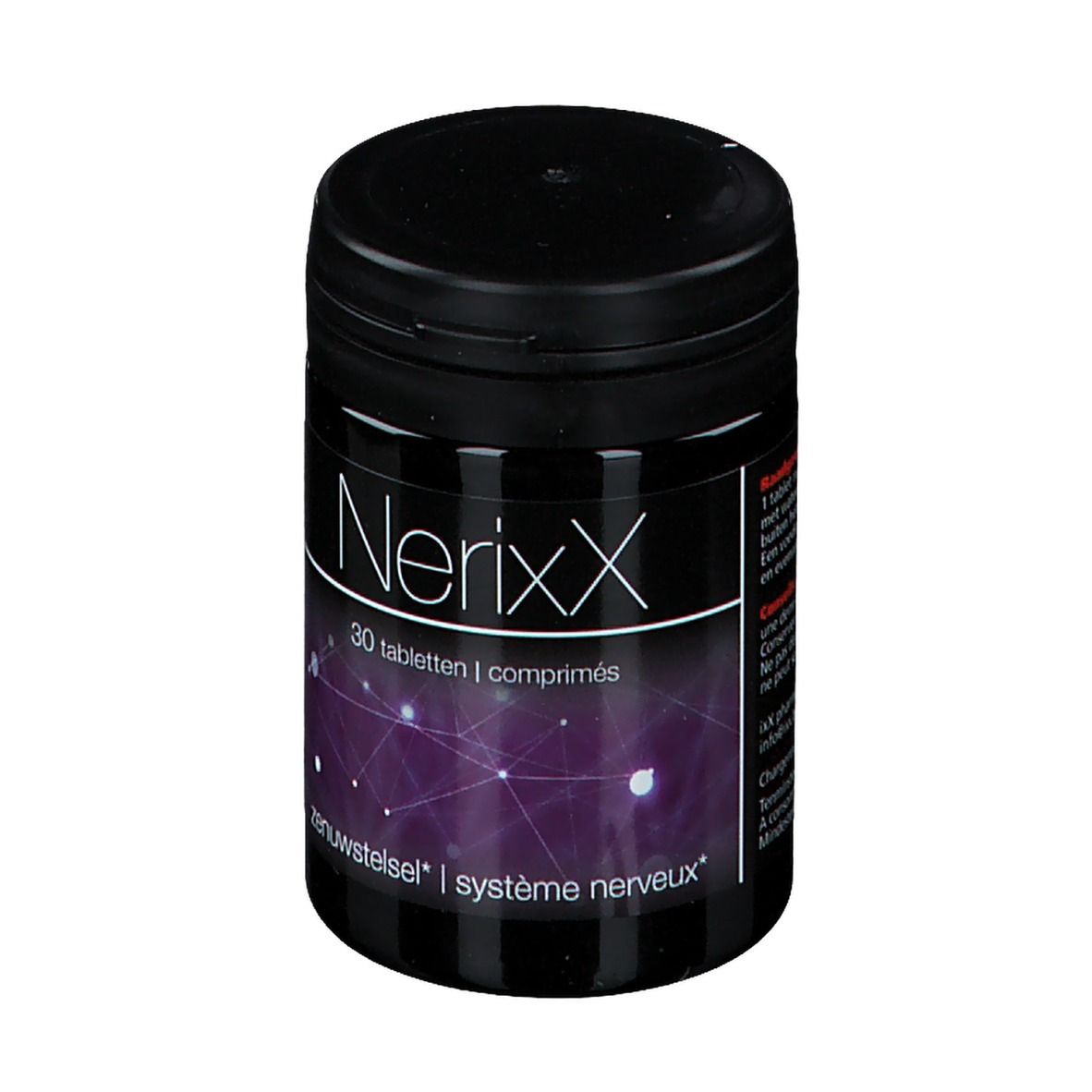 Zwarte pot met deksel. Opschrift: NerixX, 30 tabletten. Tekst: Zenuwstelsel / système nerveux.
