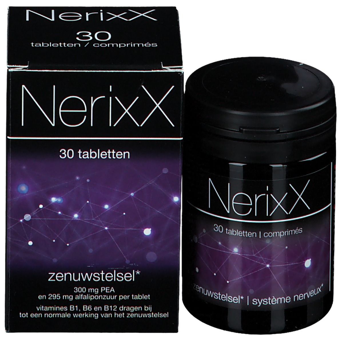 Productverpakking met pot en doos. Opschrift: NerixX, 30 tabletten. Tekst: Zenuwstelsel / système nerveux.