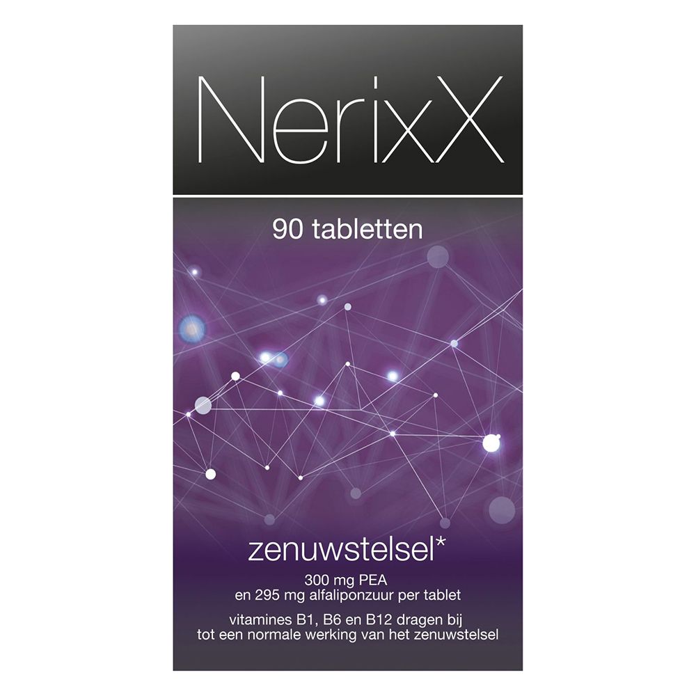 Productverpakking met productnaam NerixX en tekst. 90 tabletten. Achtergrond met grafisch patroon.
