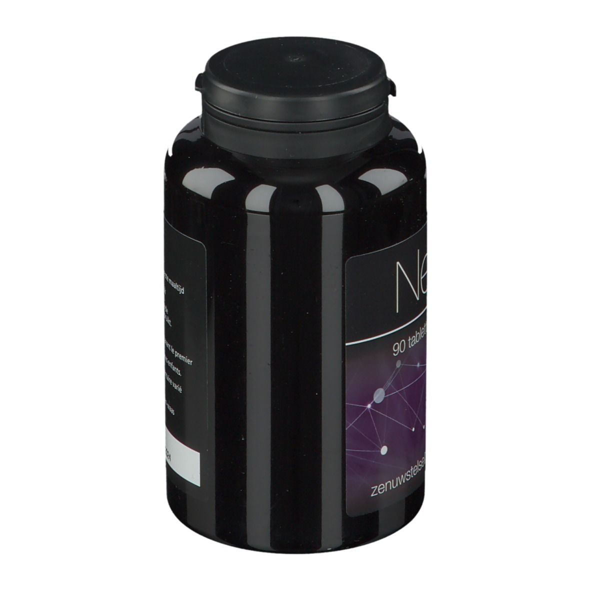 Zwarte fles met zwarte dop. Etiket met productnaam en tekst. 90 tabletten.