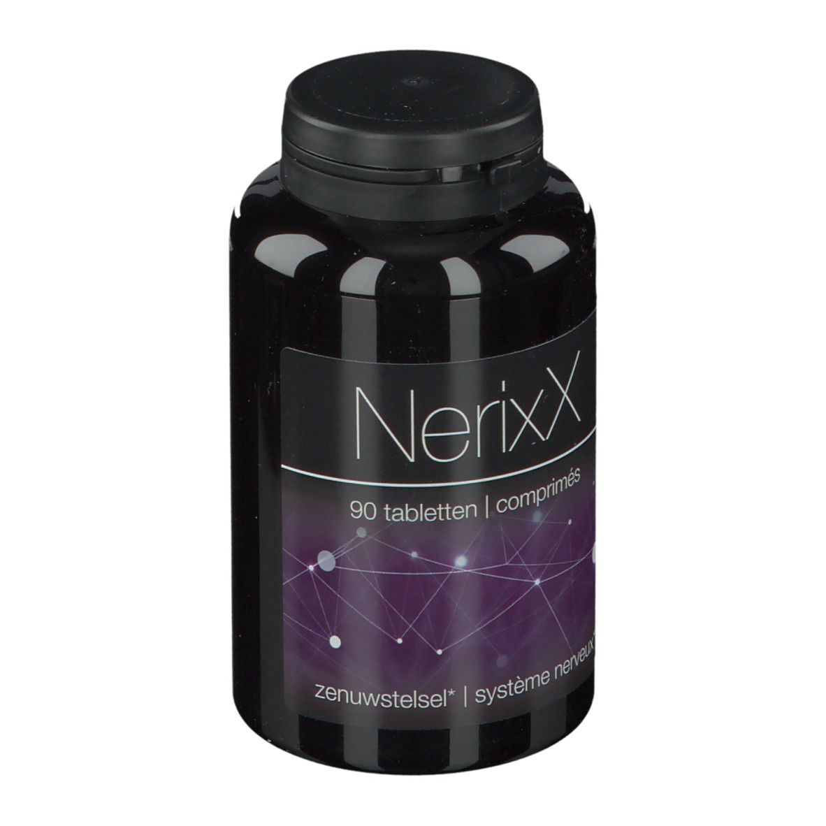 Zwarte fles met zwarte dop. Etiket met productnaam NerixX en tekst. 90 tabletten.