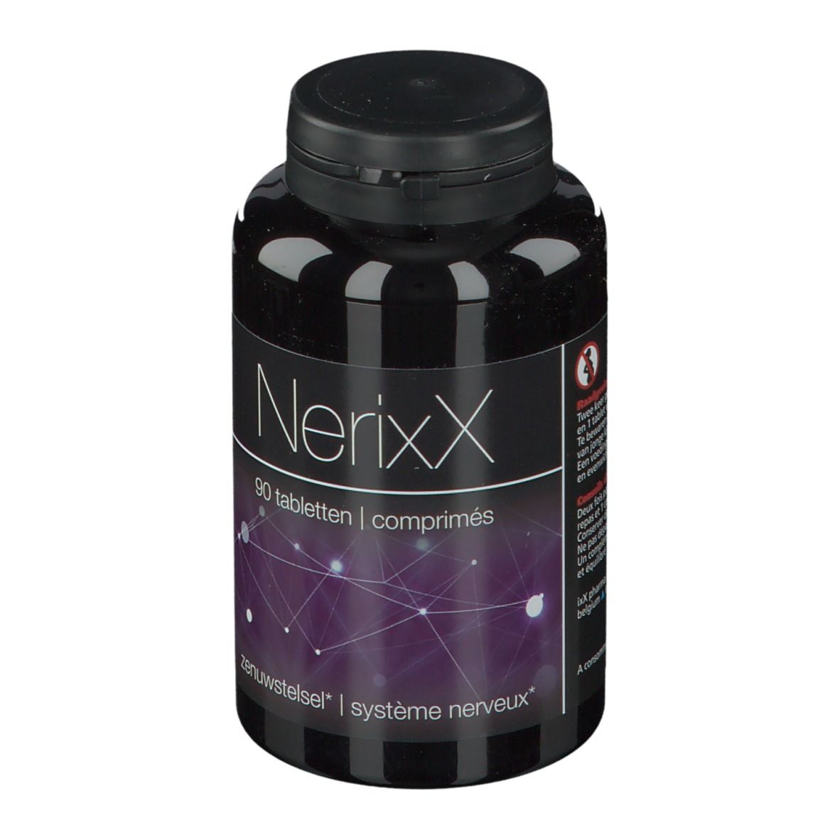 Zwarte fles met zwarte dop. Etiket met productnaam NerixX en tekst. 90 tabletten.