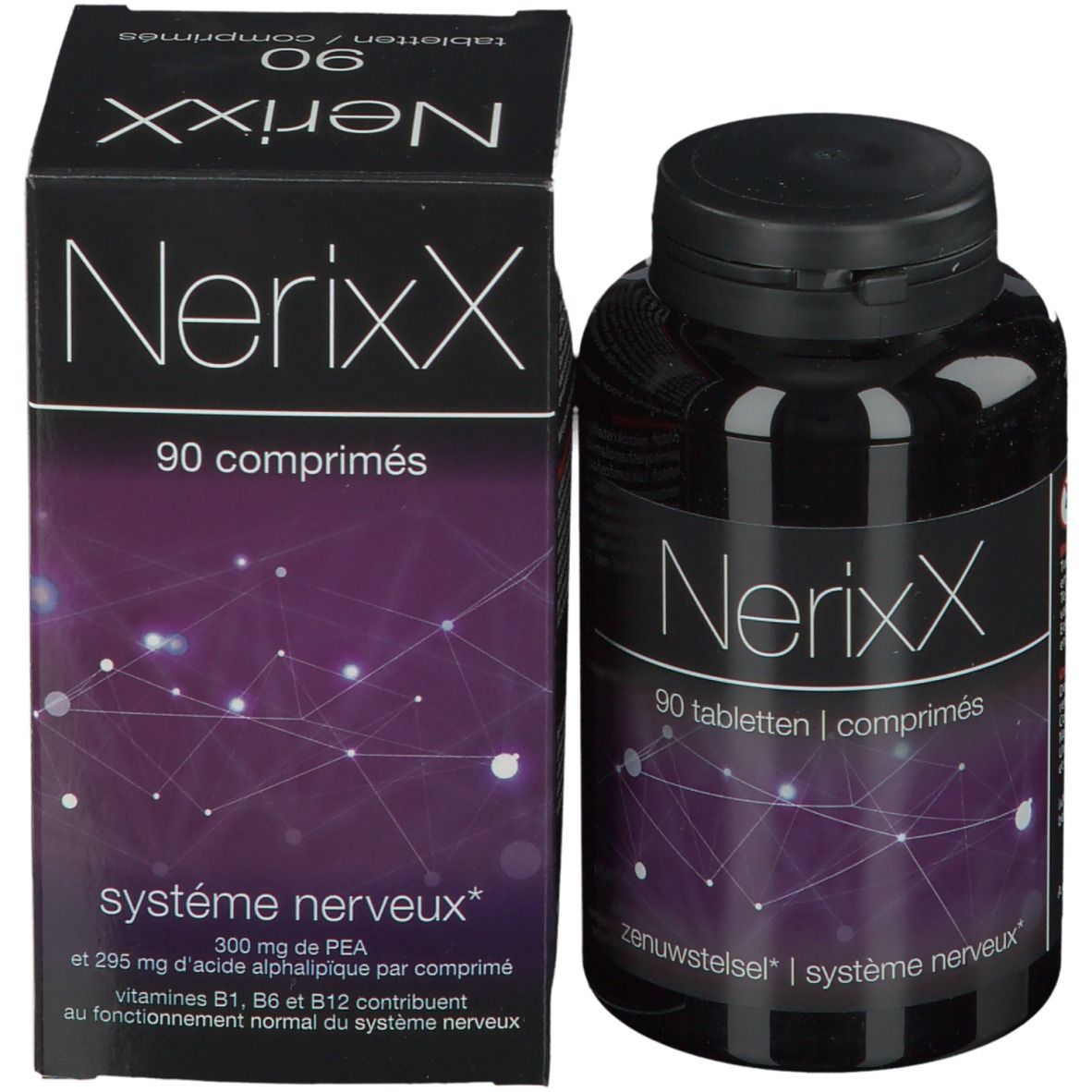 Productverpakking en fles. Verpakking met productnaam NerixX en tekst. Fles met 90 tabletten.