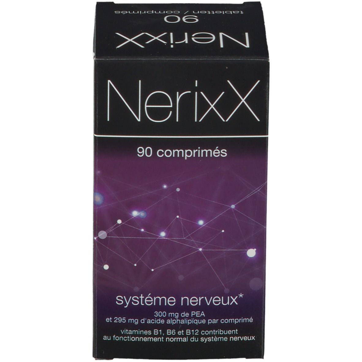 Productverpakking met productnaam NerixX en tekst. 90 tabletten. Achtergrond met grafisch patroon.