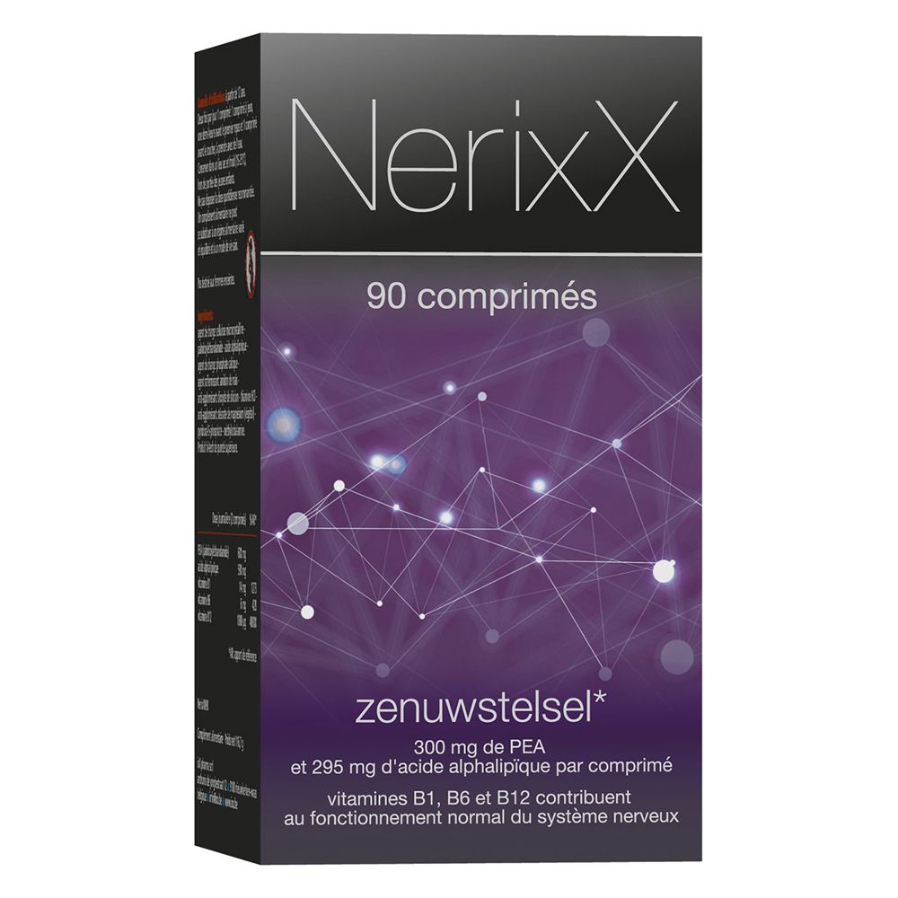 Emballage du produit avec nom NerixX et texte. 90 comprimés. Fond avec motif graphique.
