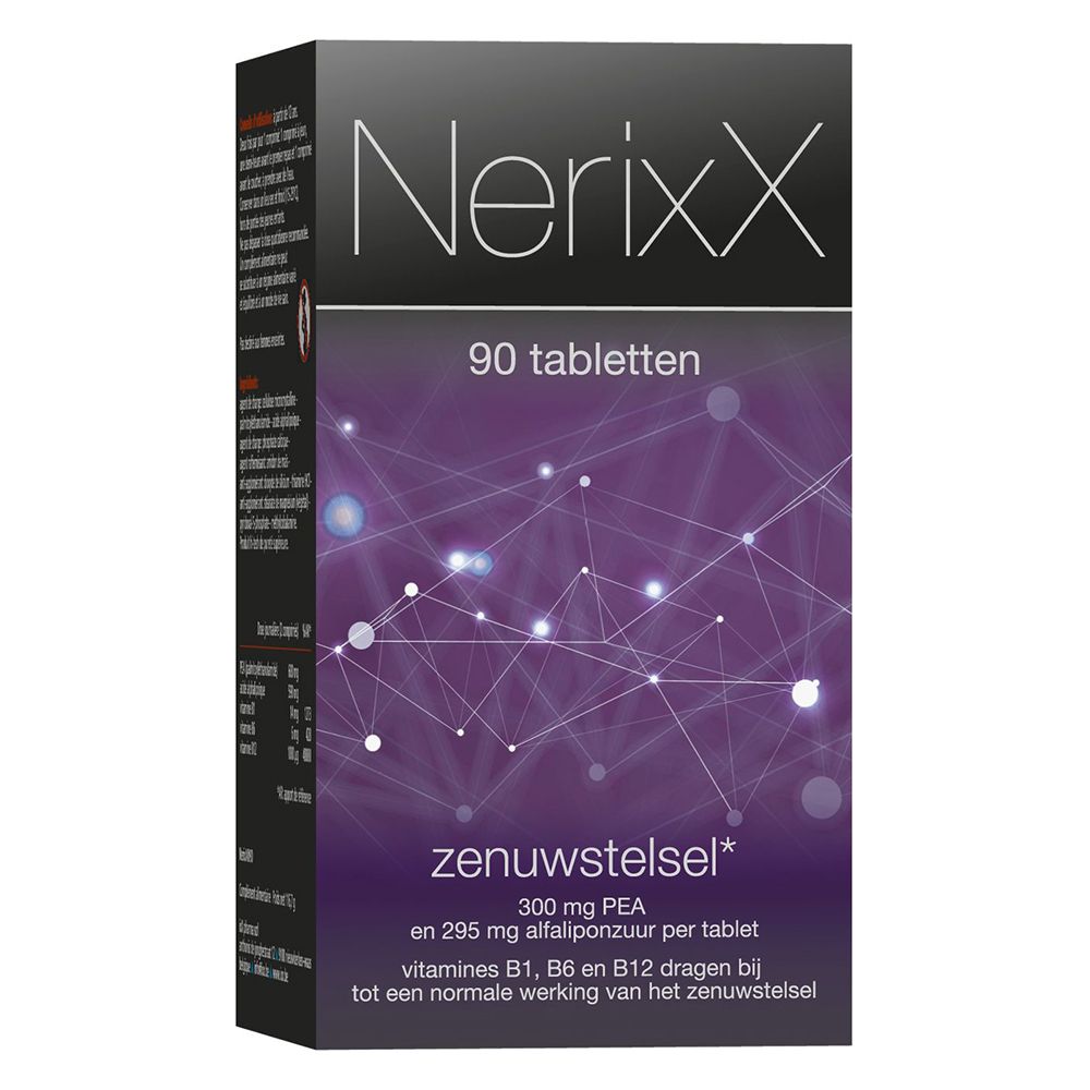 Productverpakking met productnaam NerixX en tekst. 90 tabletten. Achtergrond met grafisch patroon.