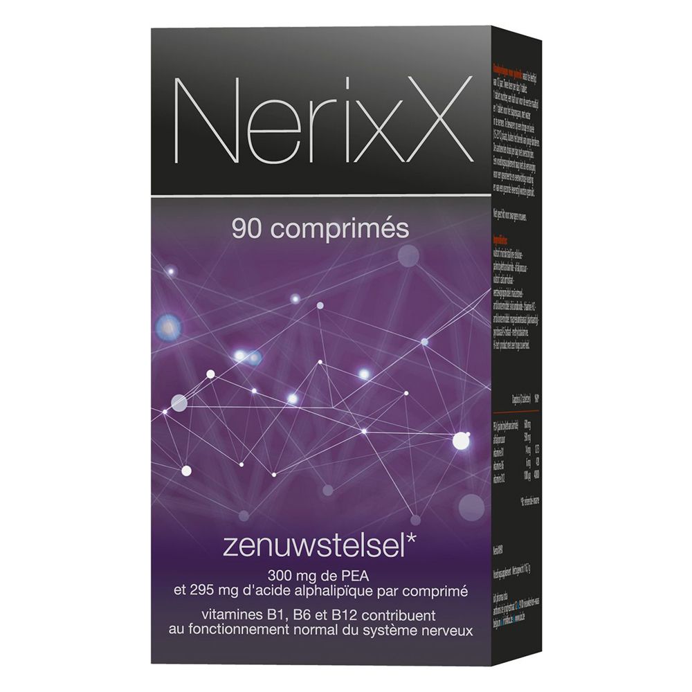 Emballage du produit avec nom NerixX et texte. 90 comprimés. Fond avec motif graphique.