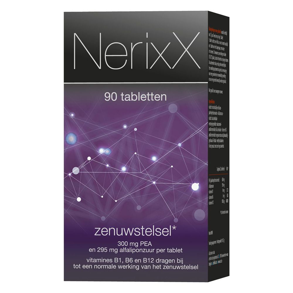 Productverpakking met productnaam NerixX en tekst. 90 tabletten. Achtergrond met grafisch patroon.