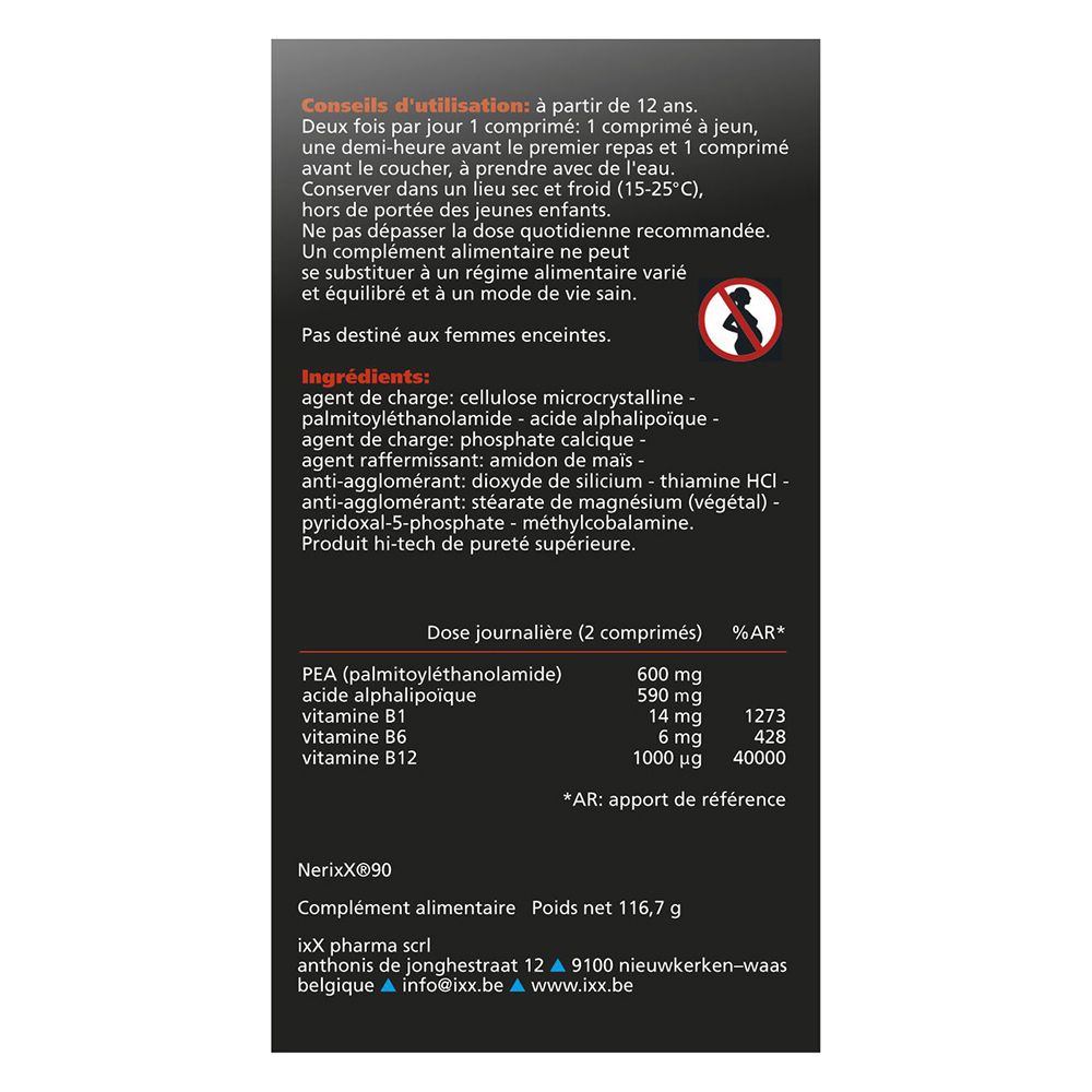 Emballage du produit avec nom NerixX et texte. 90 comprimés. Fond avec motif graphique.