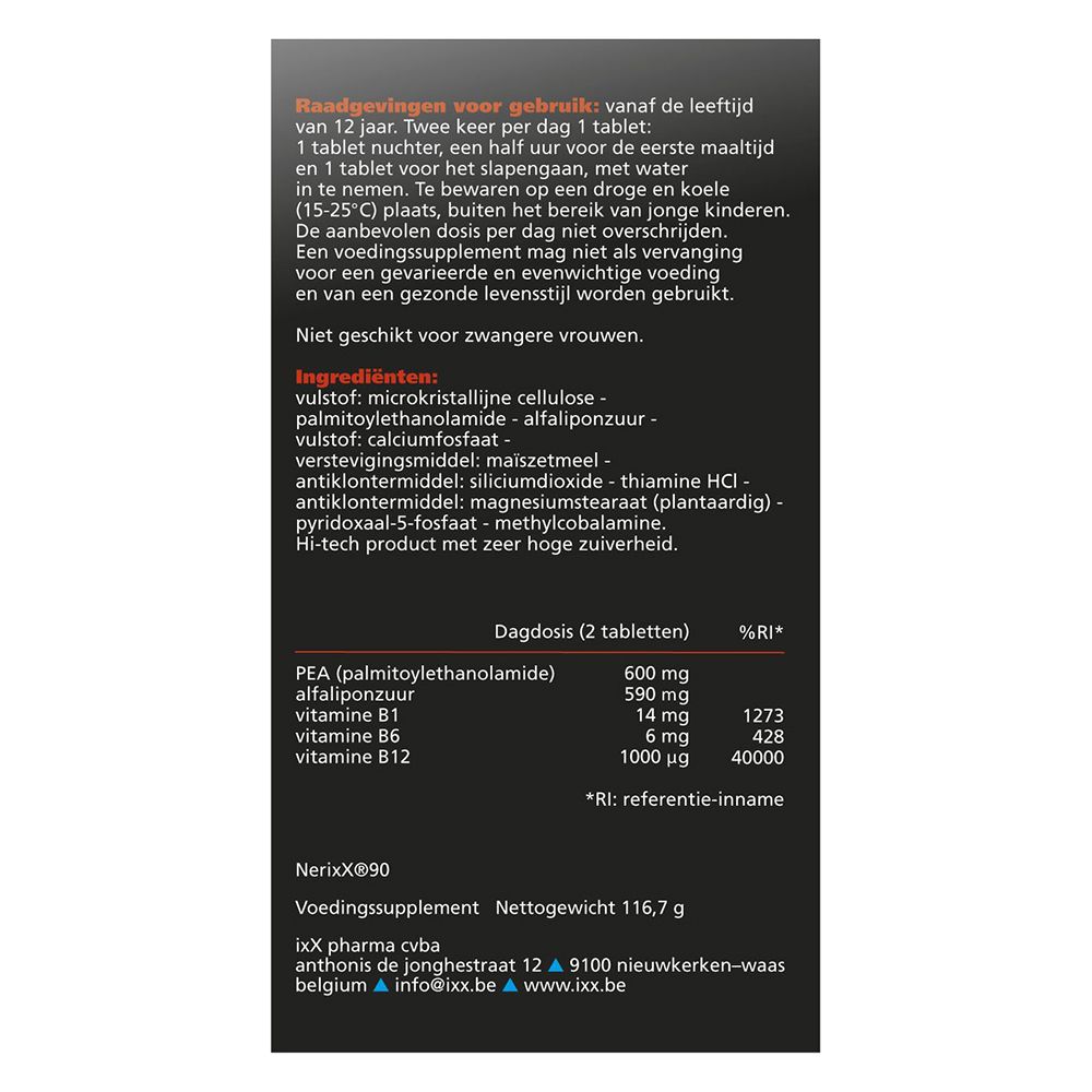 Productverpakking met productnaam NerixX en tekst. 90 tabletten. Achtergrond met grafisch patroon.
