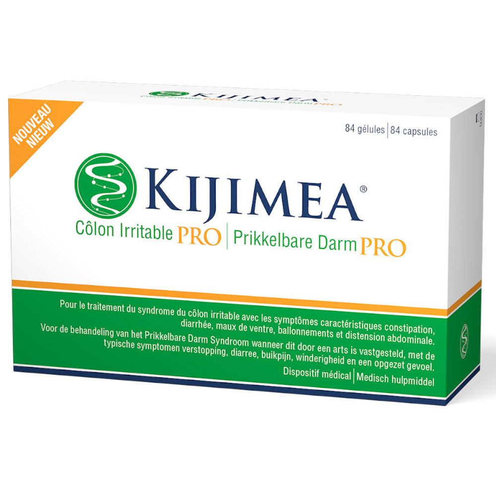 Boîte de Kijimea Côlon Irritable PRO. 84 gélules. Boîte verte et blanche avec nom et logo.