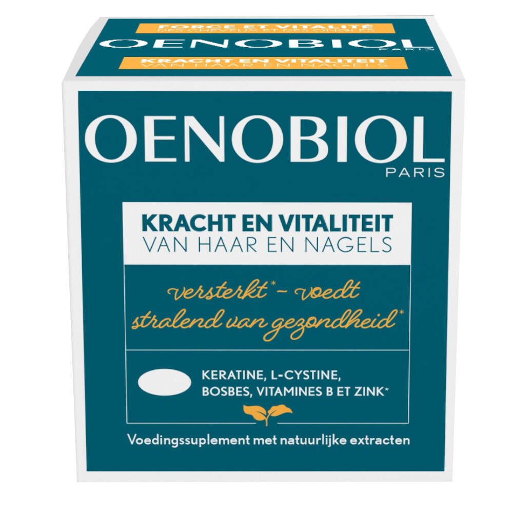Productverpakking, doos. Oenobiol-logo, productnaam: Kracht en Vitaliteit van Haar en Nagels. Ingrediënten.
