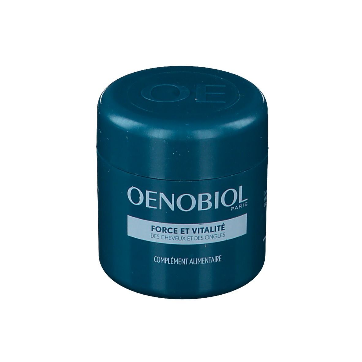 Cilindrische, turquoise pot. Oenobiol-logo en tekst: Force & Vitalité des Cheveux et des Ongles. Voedingssupplement.