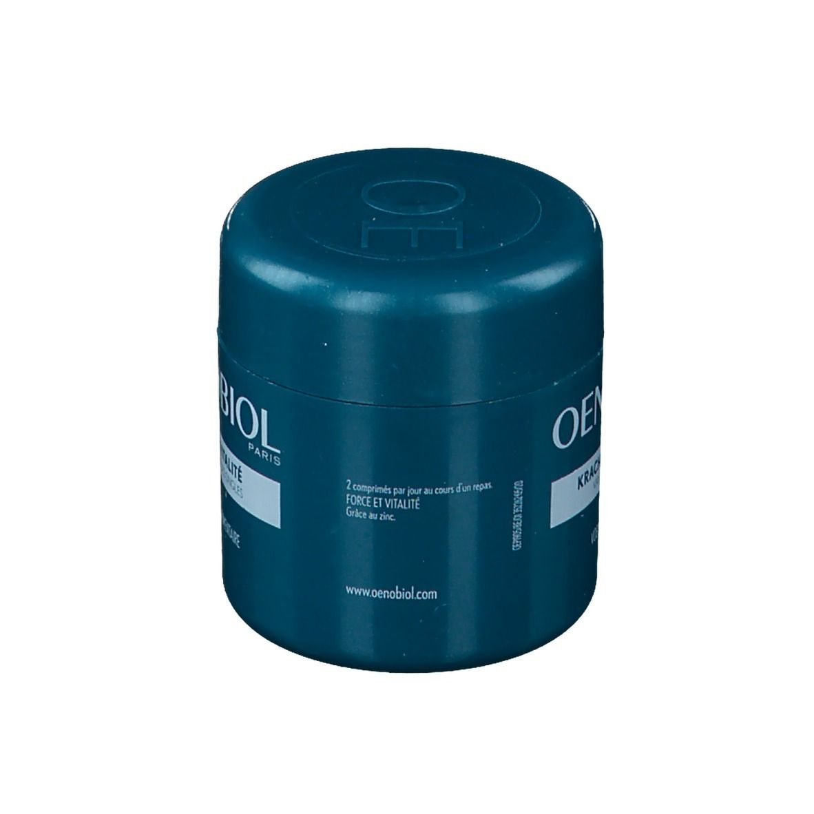 Turquoise pot met Oenobiol-logo en tekst: Force & Vitalité des Cheveux et des Ongles. Opschrift: 2 tabletten per dag.