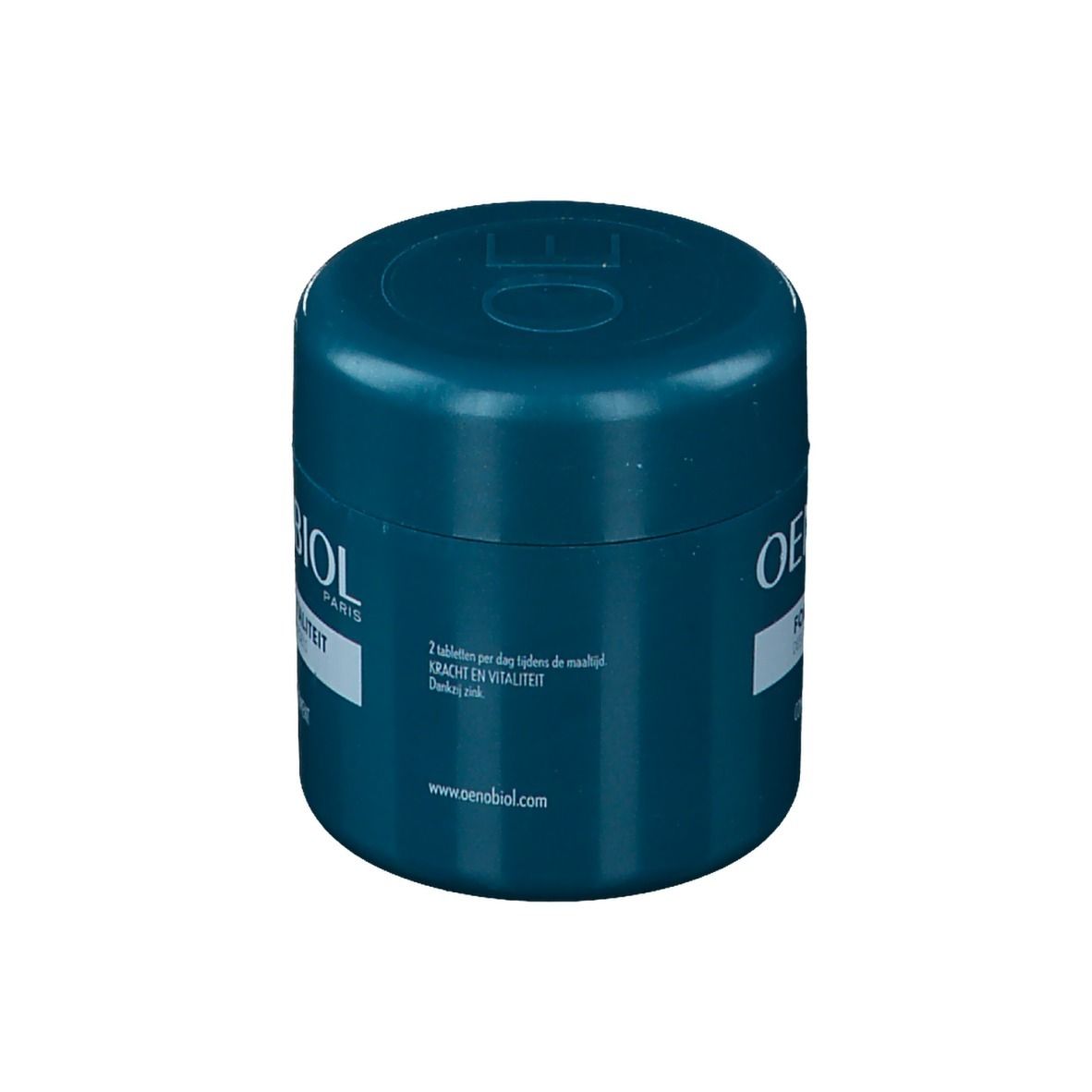 Turquoise pot met Oenobiol-logo en tekst: Force & Vitalité des Cheveux et des Ongles. Opschrift: 2 tabletten per dag.