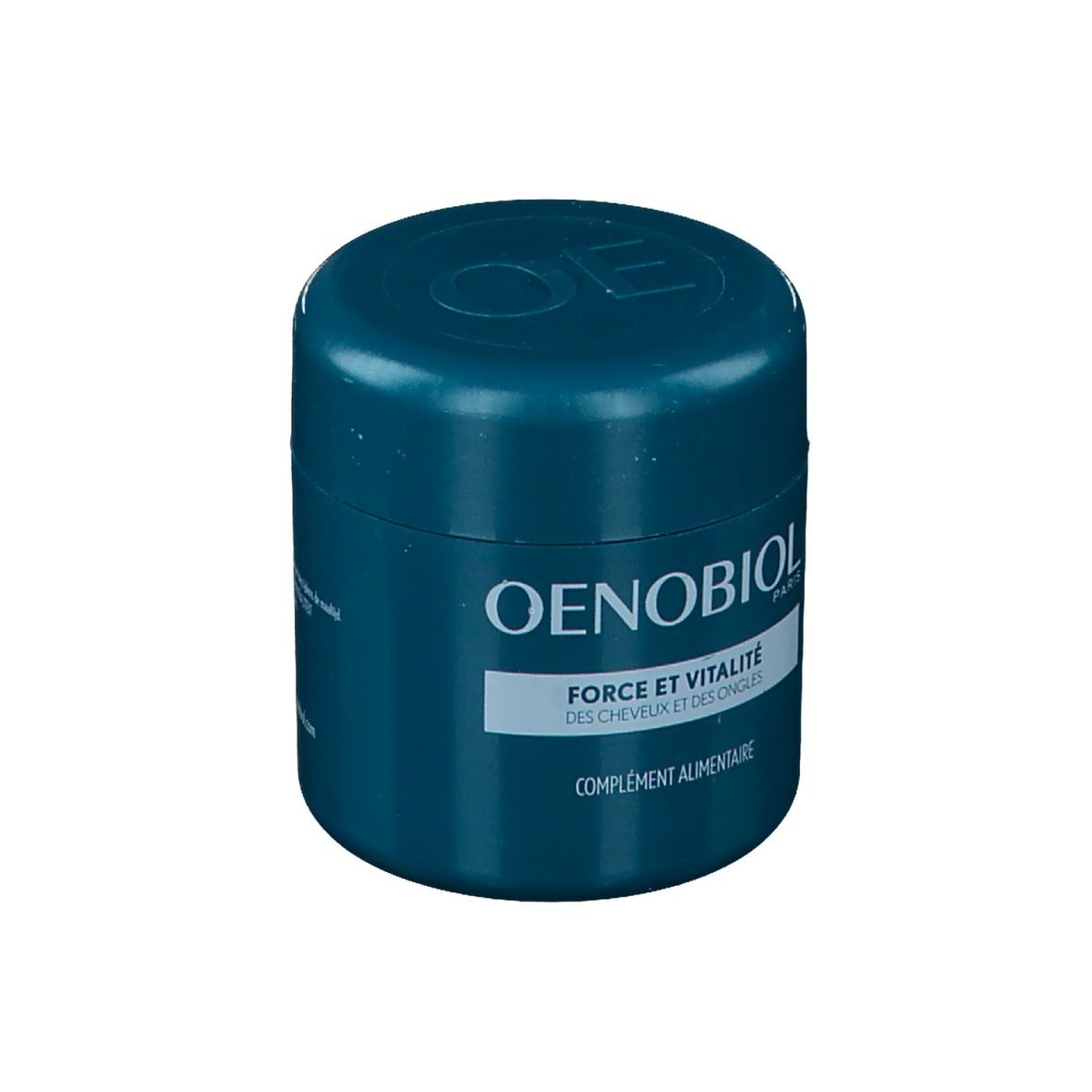 Cilindrische, turquoise pot. Oenobiol-logo en tekst: Force & Vitalité des Cheveux et des Ongles. Voedingssupplement.