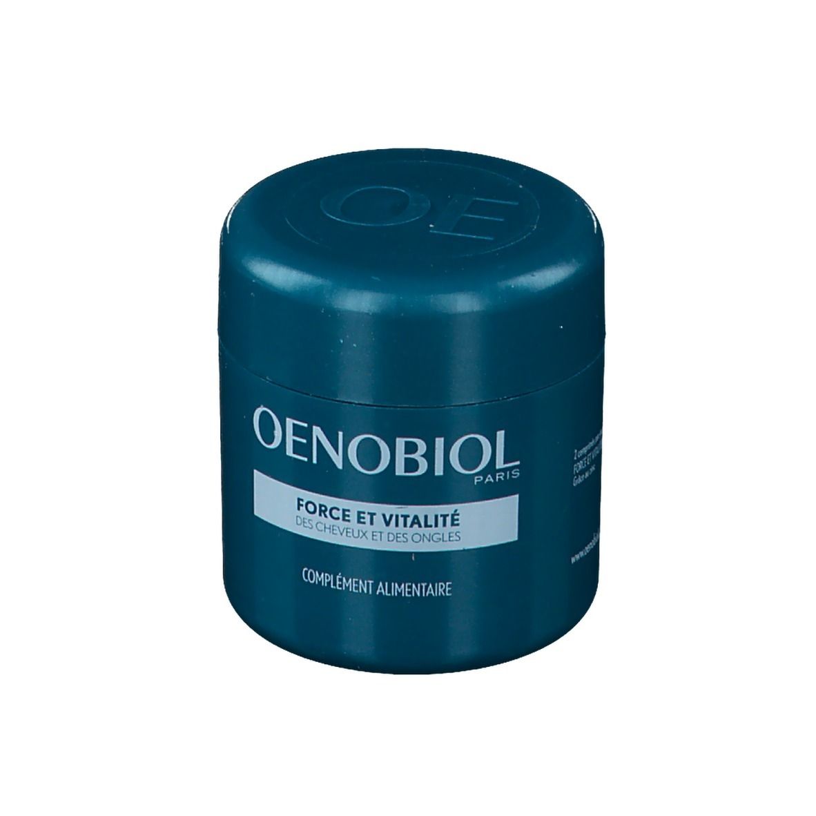 Cilindrische, turquoise pot. Oenobiol-logo en tekst: Force & Vitalité des Cheveux et des Ongles. Voedingssupplement.
