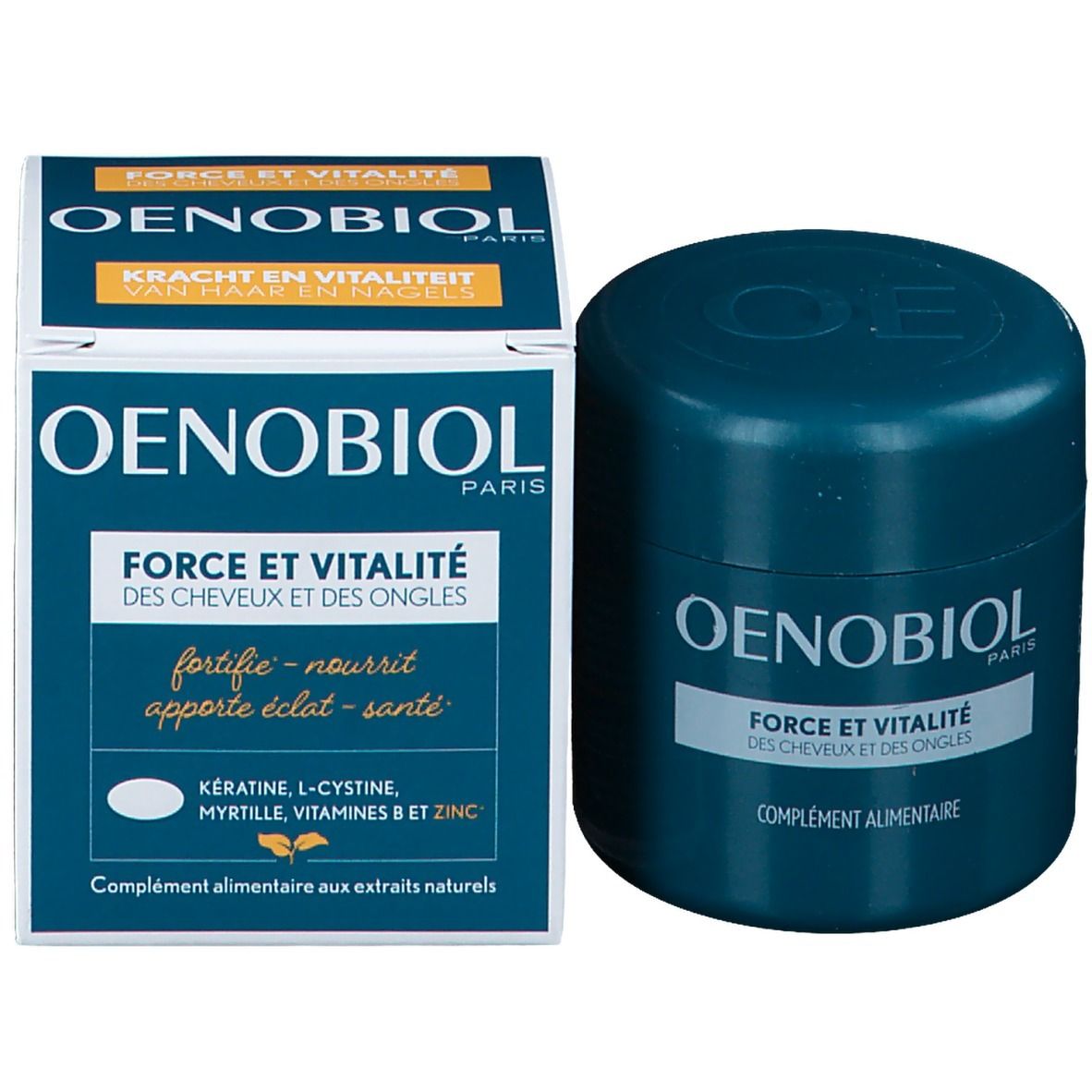 Productverpakking met pot en doos. Oenobiol-logo, productnaam: Force & Vitalité des Cheveux et des Ongles. Ingrediënten.