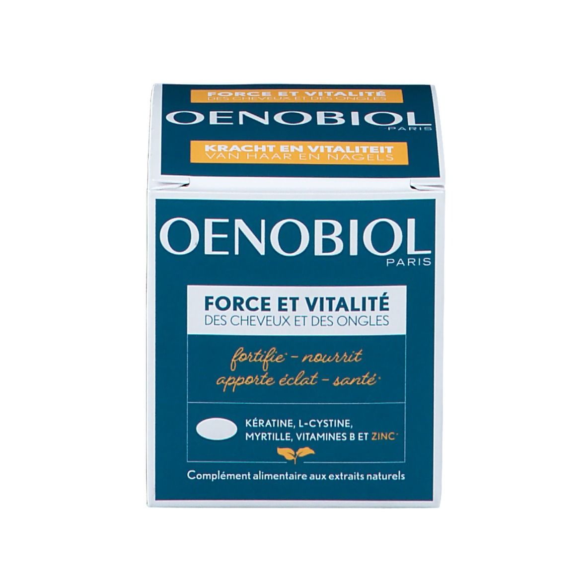 Productverpakking, doos. Oenobiol-logo, productnaam: Force & Vitalité des Cheveux et des Ongles. Ingrediënten.