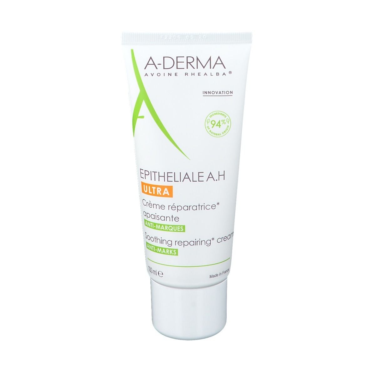 A-DERMA Epitheliale A.H Ultra crème. Witte tube met groen logo en tekst. 94% natuurlijk.