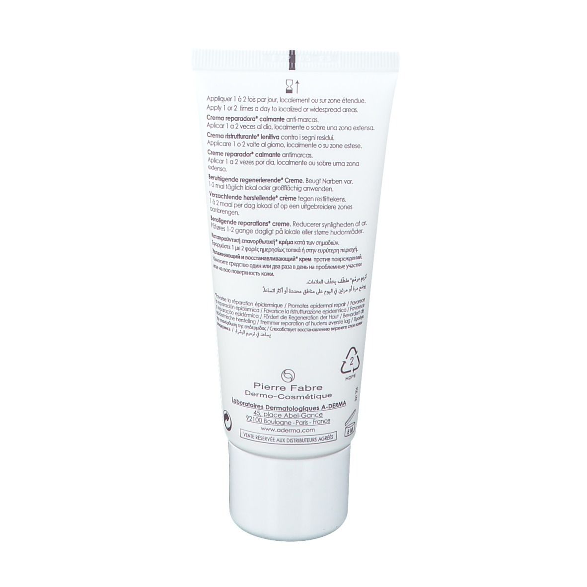 Achterkant van de A-DERMA Epitheliale A.H Ultra tube. Tekst in meerdere talen. Witte achtergrond.