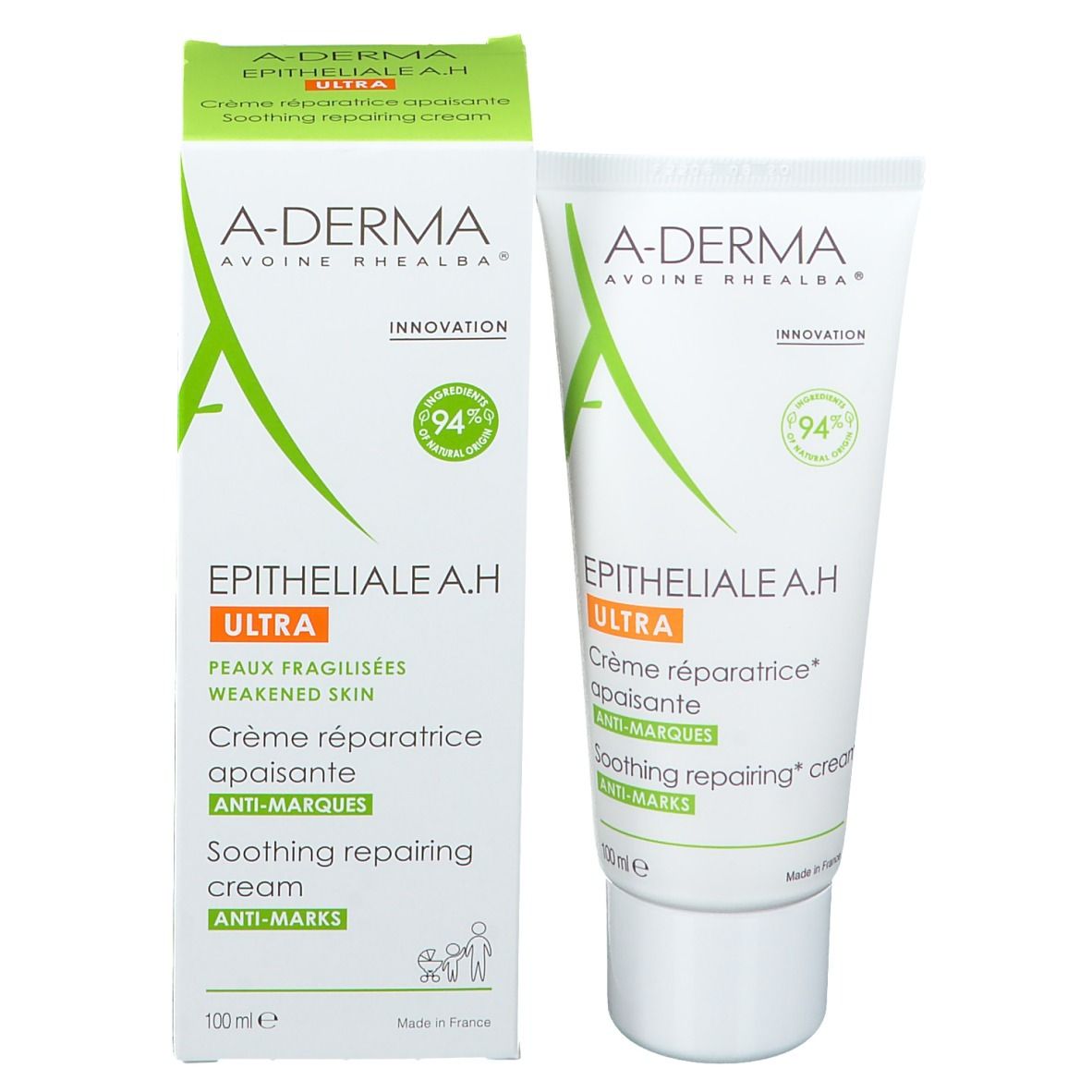 A-DERMA Epitheliale A.H Ultra crème en verpakking. Witte tube en doos met groen logo.
