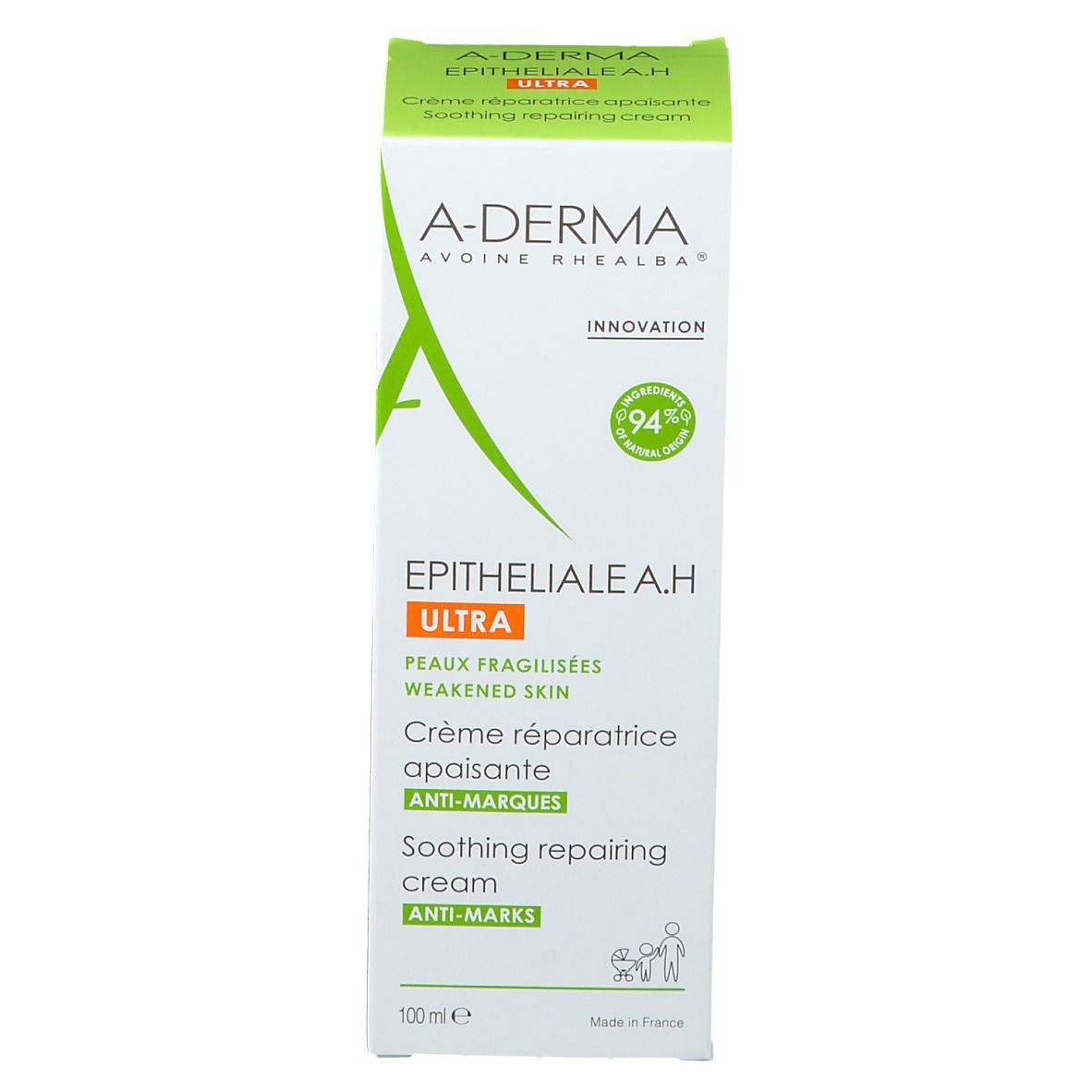 A-DERMA Epitheliale A.H Ultra verpakking. Witte doos met groen logo en tekst.