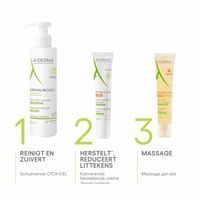 Achterkant van de A-DERMA Epitheliale A.H Ultra tube. Tekst en grafieken. Groene achtergrond.