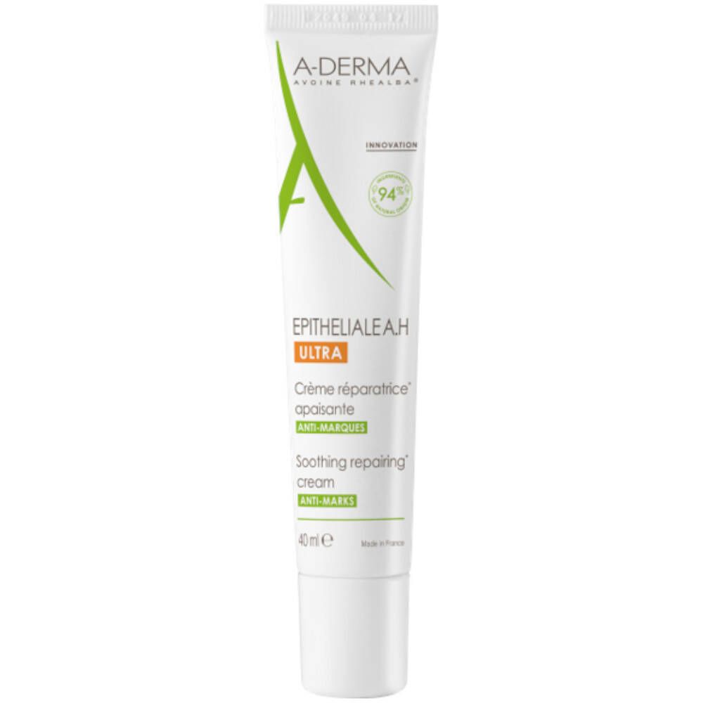 A-DERMA tube met crème. Wit, met groene en oranje accenten. Tekst: EPITHELIALE A.H ULTRA, Crème réparatrice apaisante, Soothing repairing cream.