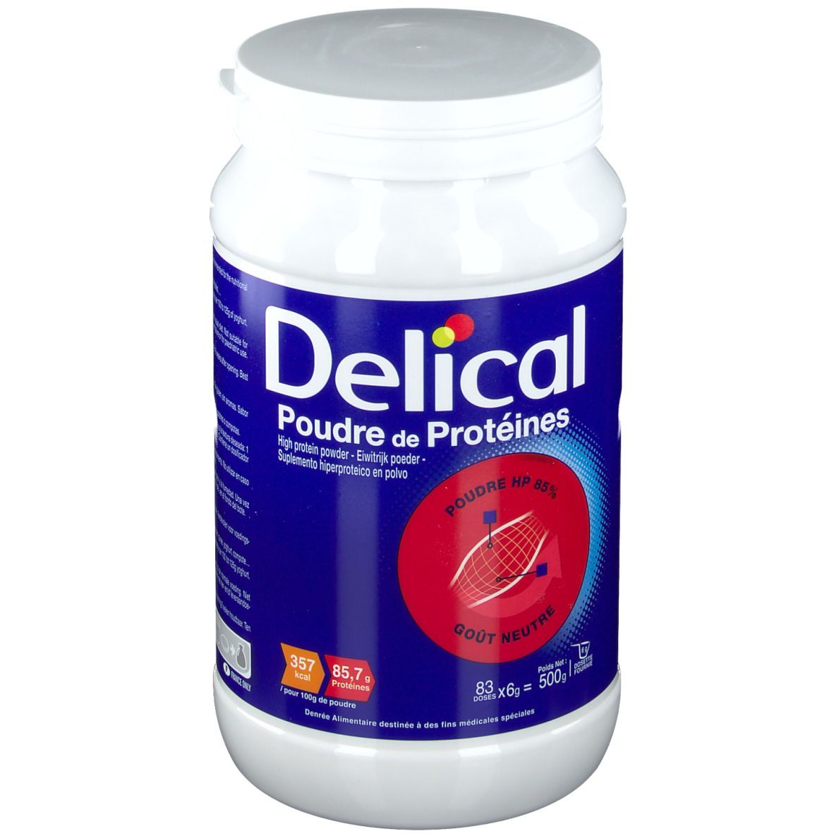 Witte pot Delical Poudre de Protéines. Blauwe tekst, rood logo. Deksel. Opschrift: HP 85, Gout Neutre.