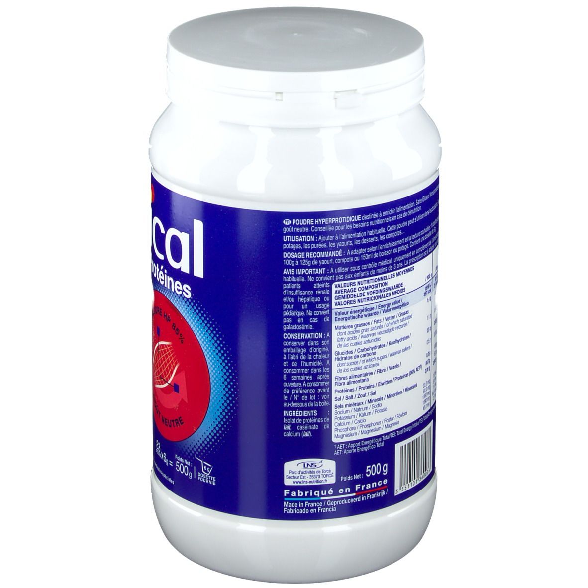 Witte pot Delical Poudre de Protéines. Blauwe tekst, rood logo. Deksel. Achterkant met tekst en voedingswaarde.