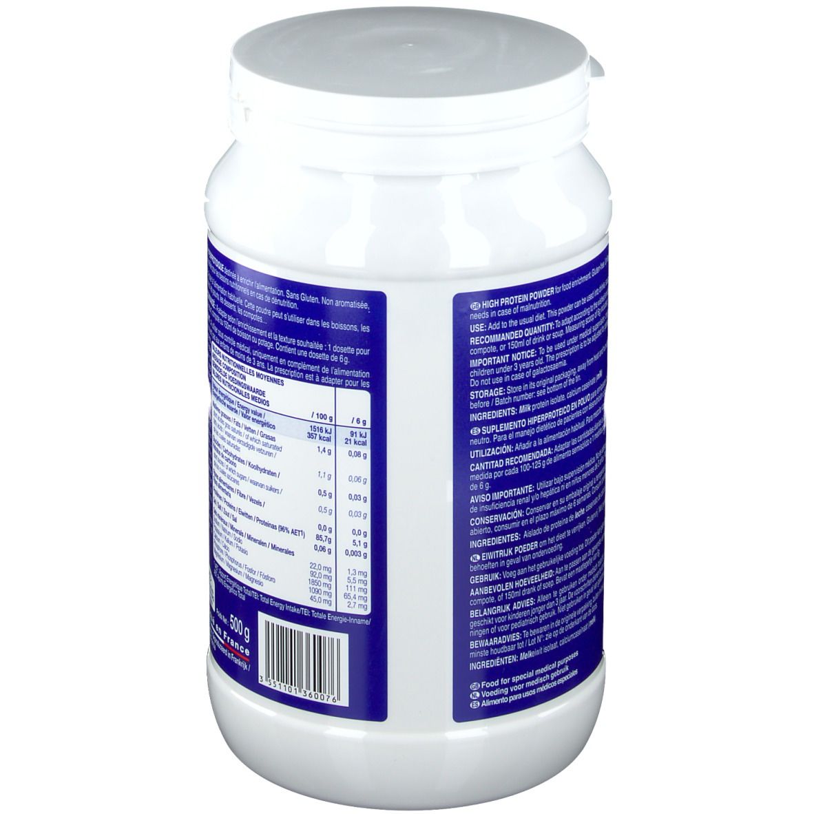 Witte pot Delical Poudre de Protéines. Blauwe tekst, rood logo. Deksel. Achterkant met tekst en voedingswaarde.