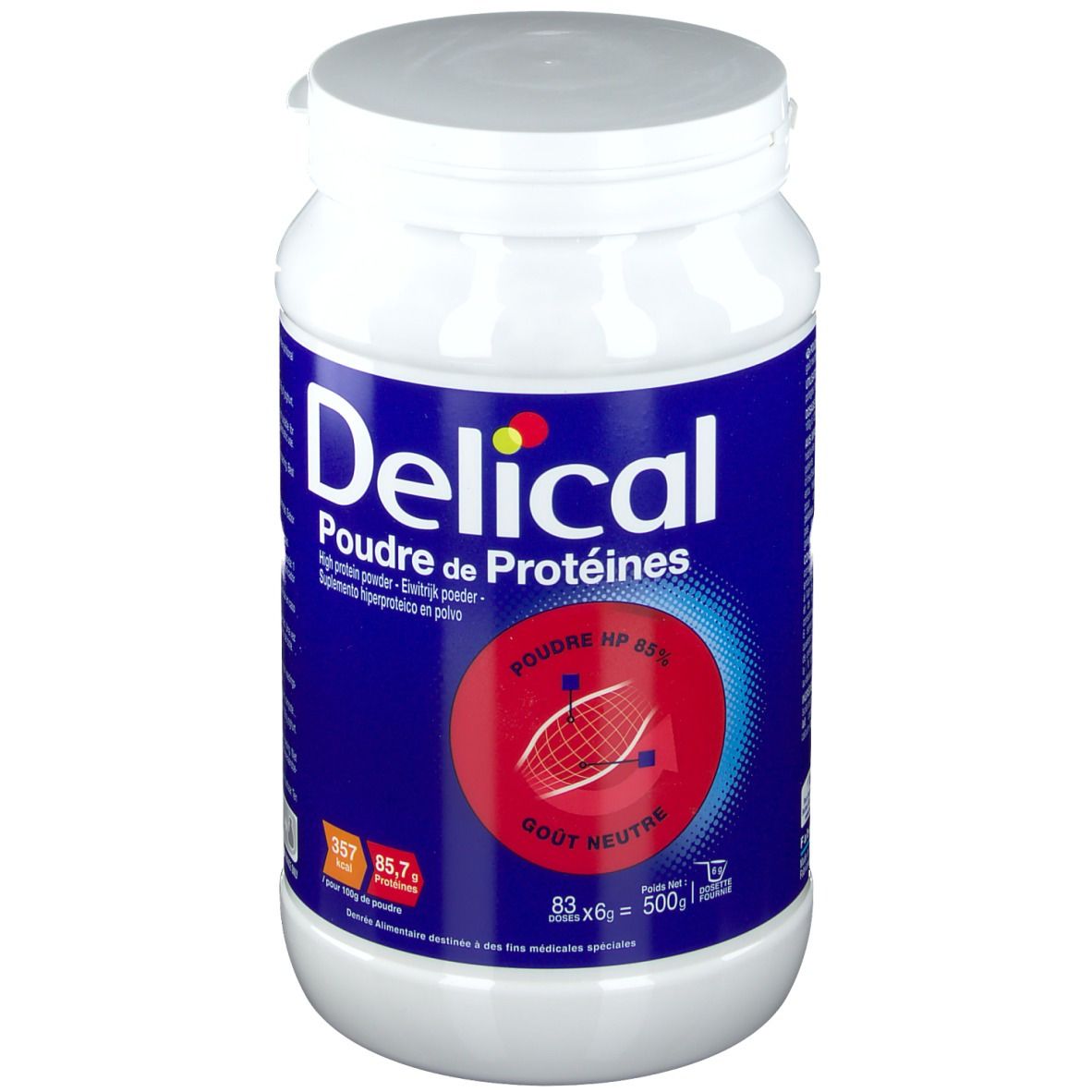 Witte pot Delical Poudre de Protéines. Blauwe tekst, rood logo. Deksel. Opschrift: HP 85, Gout Neutre.