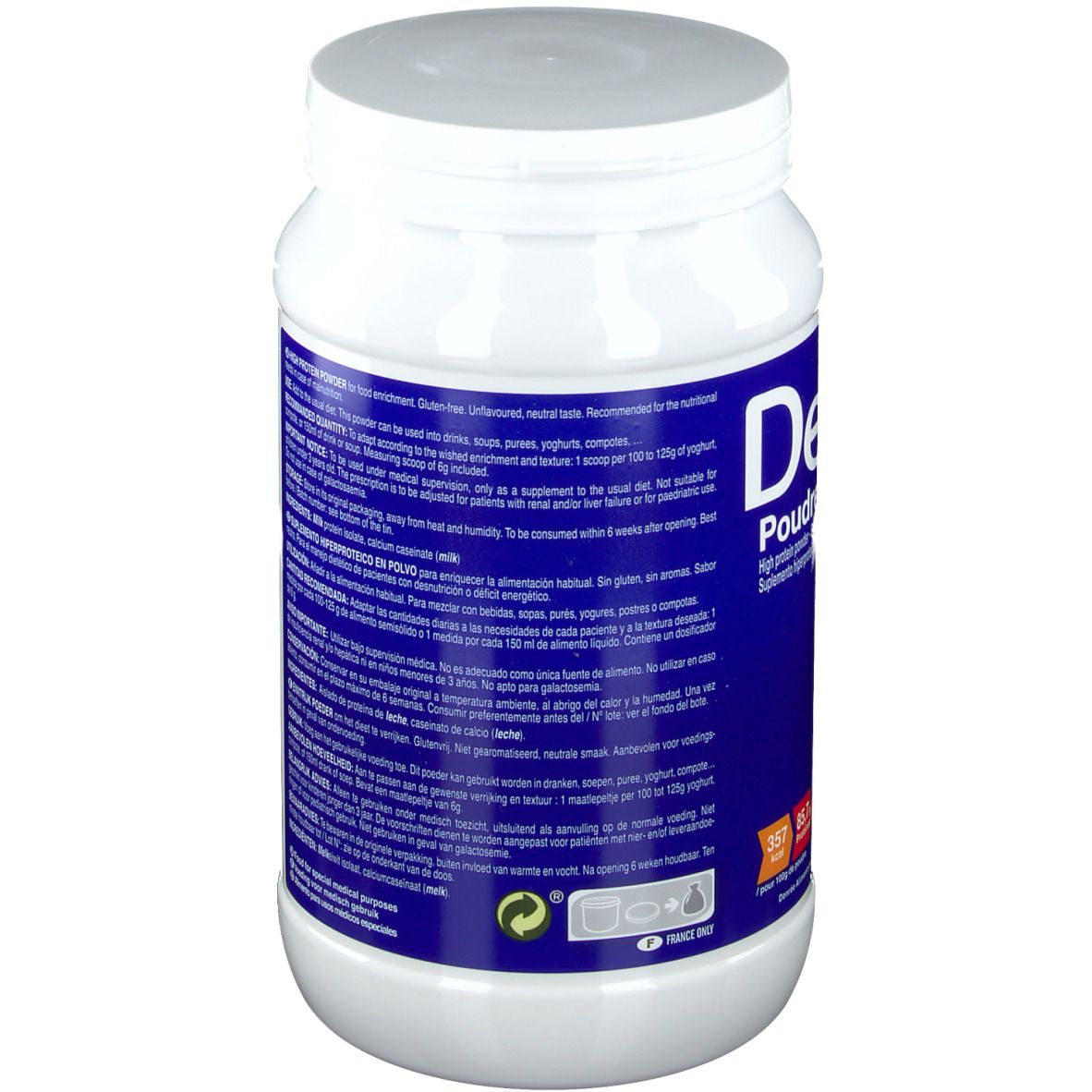 Witte pot Delical Poudre de Protéines. Blauwe tekst, rood logo. Deksel. Achterkant met tekst en voedingswaarde.