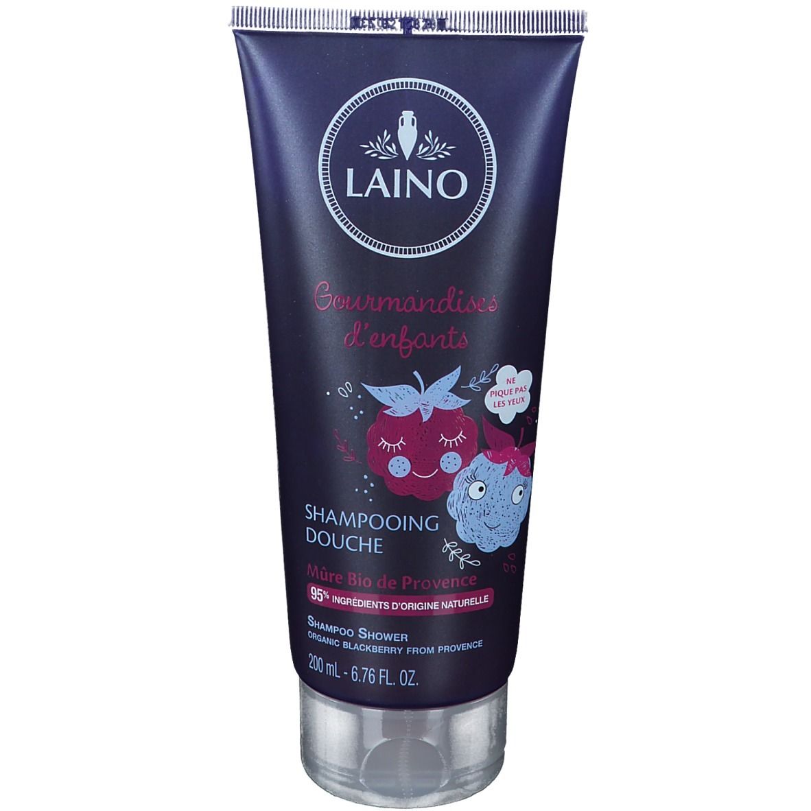 LAINO doucheshampoo tube met braambes illustratie. Tekst: "Gourmandises d'enfants", "Shampooing Douche", "Mûre bio de Provence".