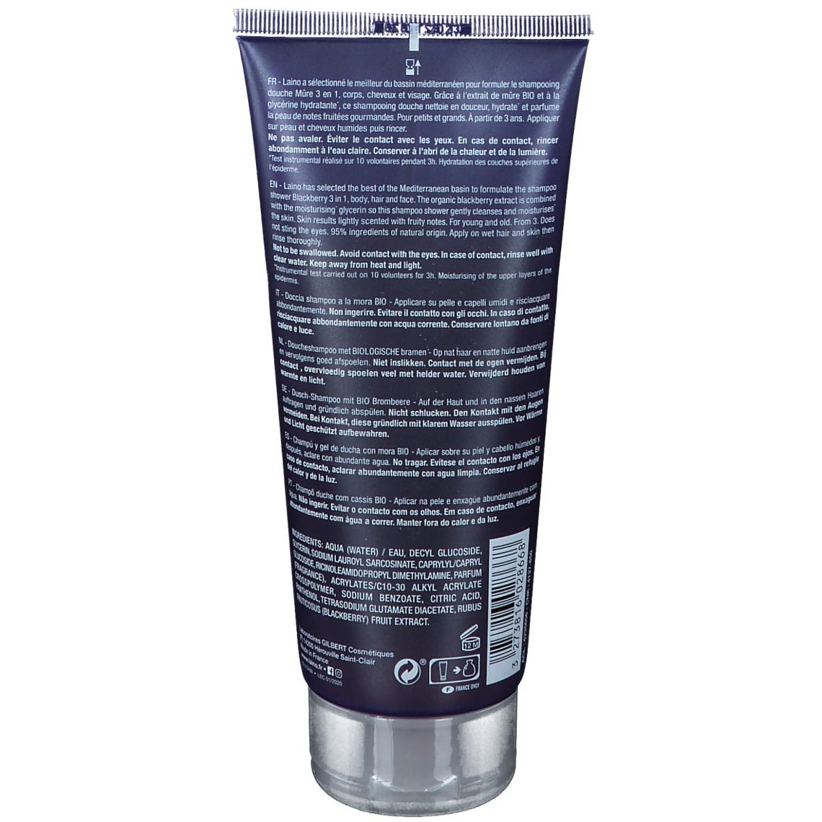Achterkant van de LAINO doucheshampoo tube. Meertalige tekst. Bevat ingrediënten en gebruiksaanwijzing.