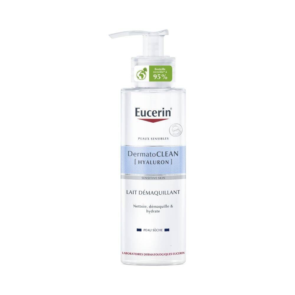 Flacon de lait démaquillant Eucerin DermatoCLEAN. Pompe doseuse. Inscription : Peaux sensibles, Hyaluron, Lait démaquillant.