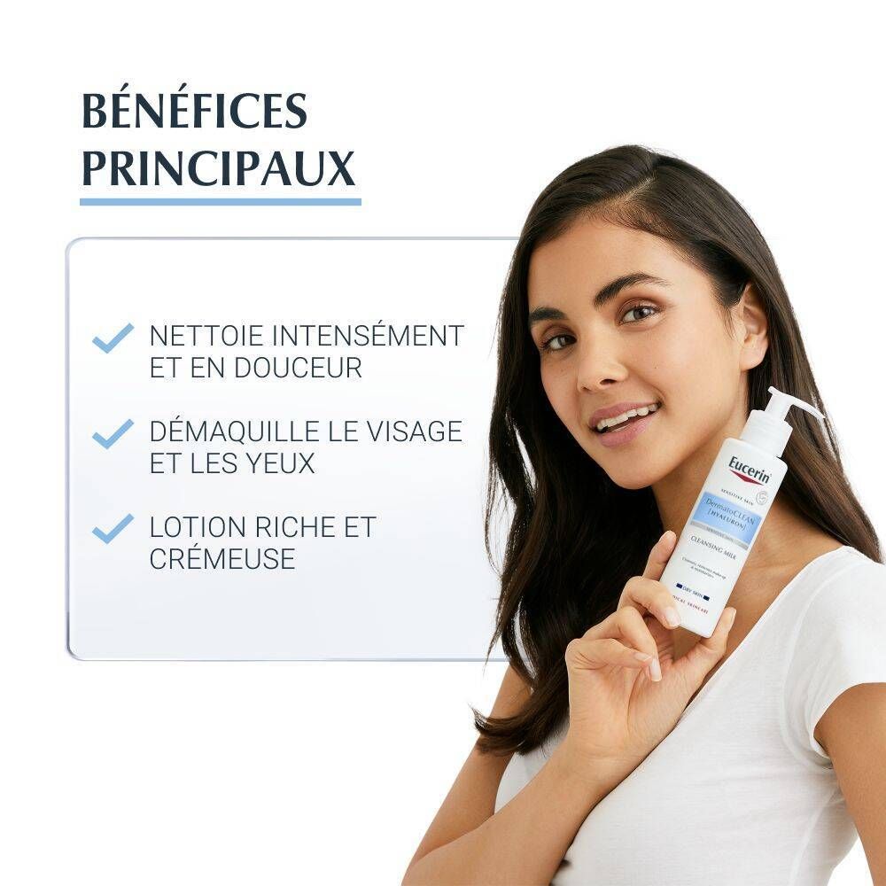 Femme tenant Eucerin DermatoCLEAN. Texte : Nettoie en douceur, démaquille, lotion riche.