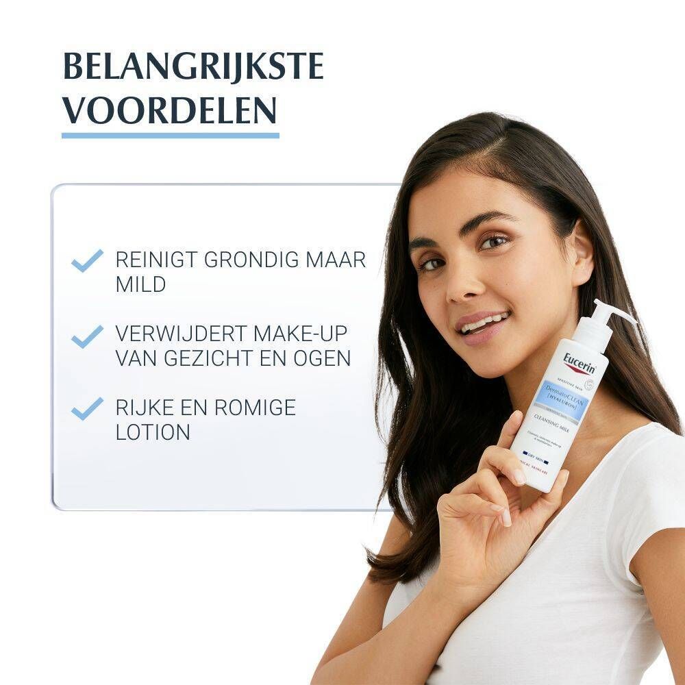 Vrouw houdt Eucerin DermatoCLEAN vast. Tekst: Reinigt mild, verwijdert make-up, rijke lotion.