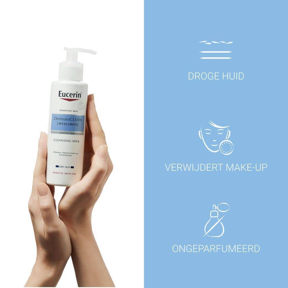 Handen houden Eucerin DermatoCLEAN vast. Iconen: droge huid, verwijdert make-up, ongeparfumeerd.