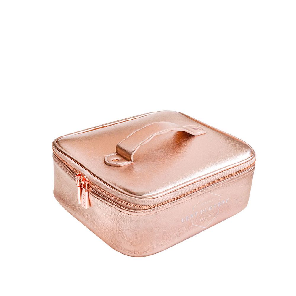 Roze make-uptas met rits en handvat. Op de voorkant staat "CENT PUR CENT MAKE UP".