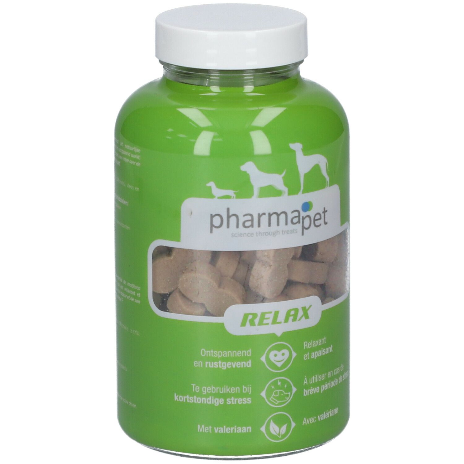 Groene fles met witte dop. Label met "pharmapet" en "Relax". Zichtbare tabletten.