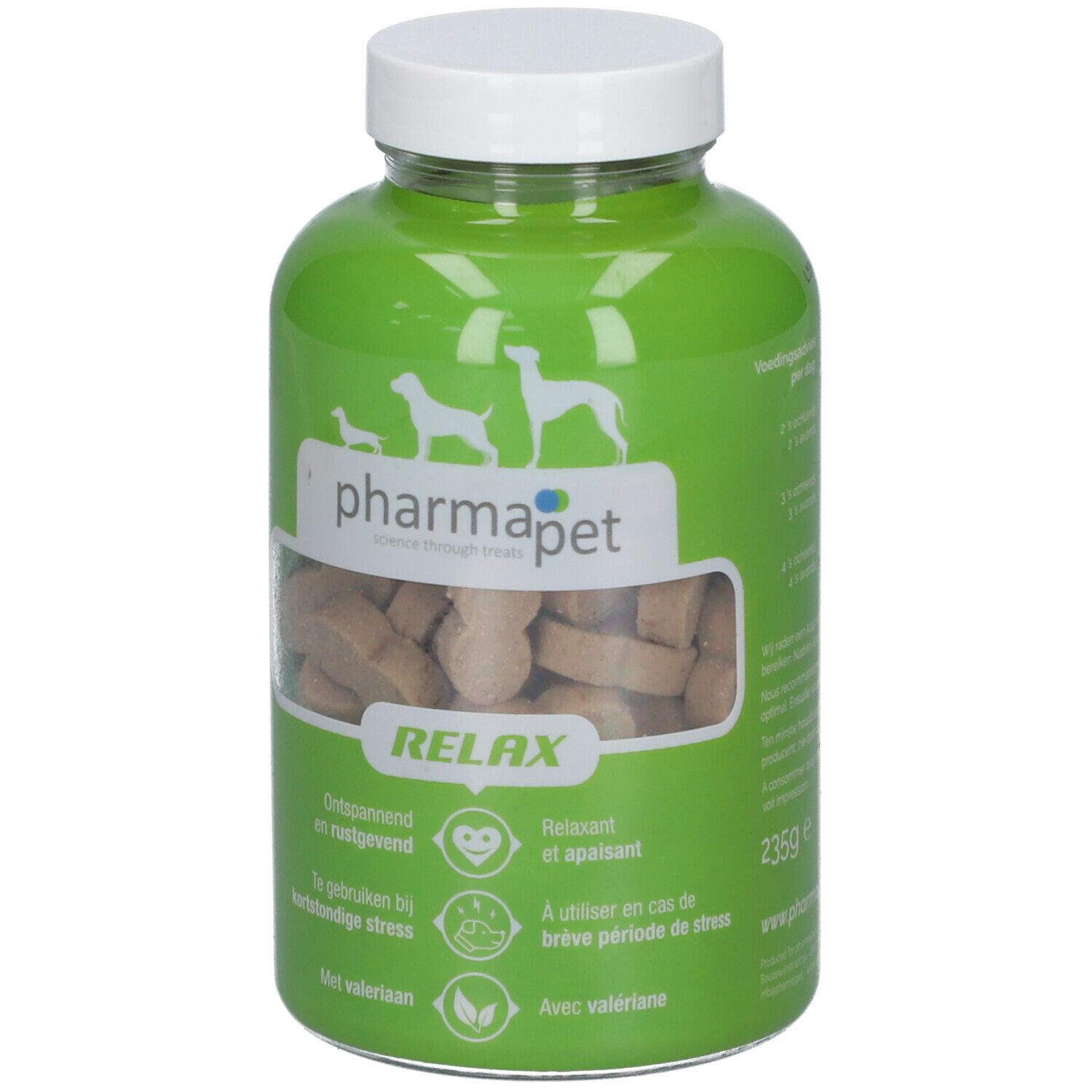 Groene fles met witte dop. Label met "pharmapet" en "Relax". Zichtbare tabletten. 235g.