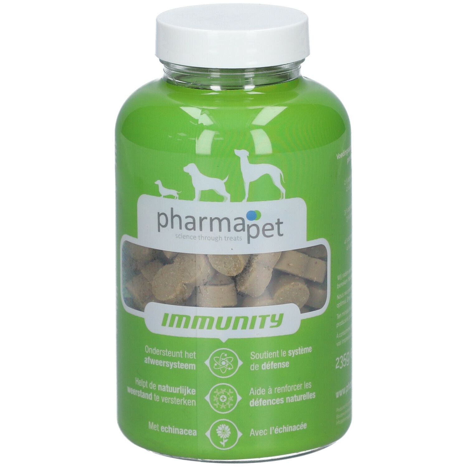Groene fles met witte dop. Bevat tabletten. Opschrift: Pharma Pet Immunity.