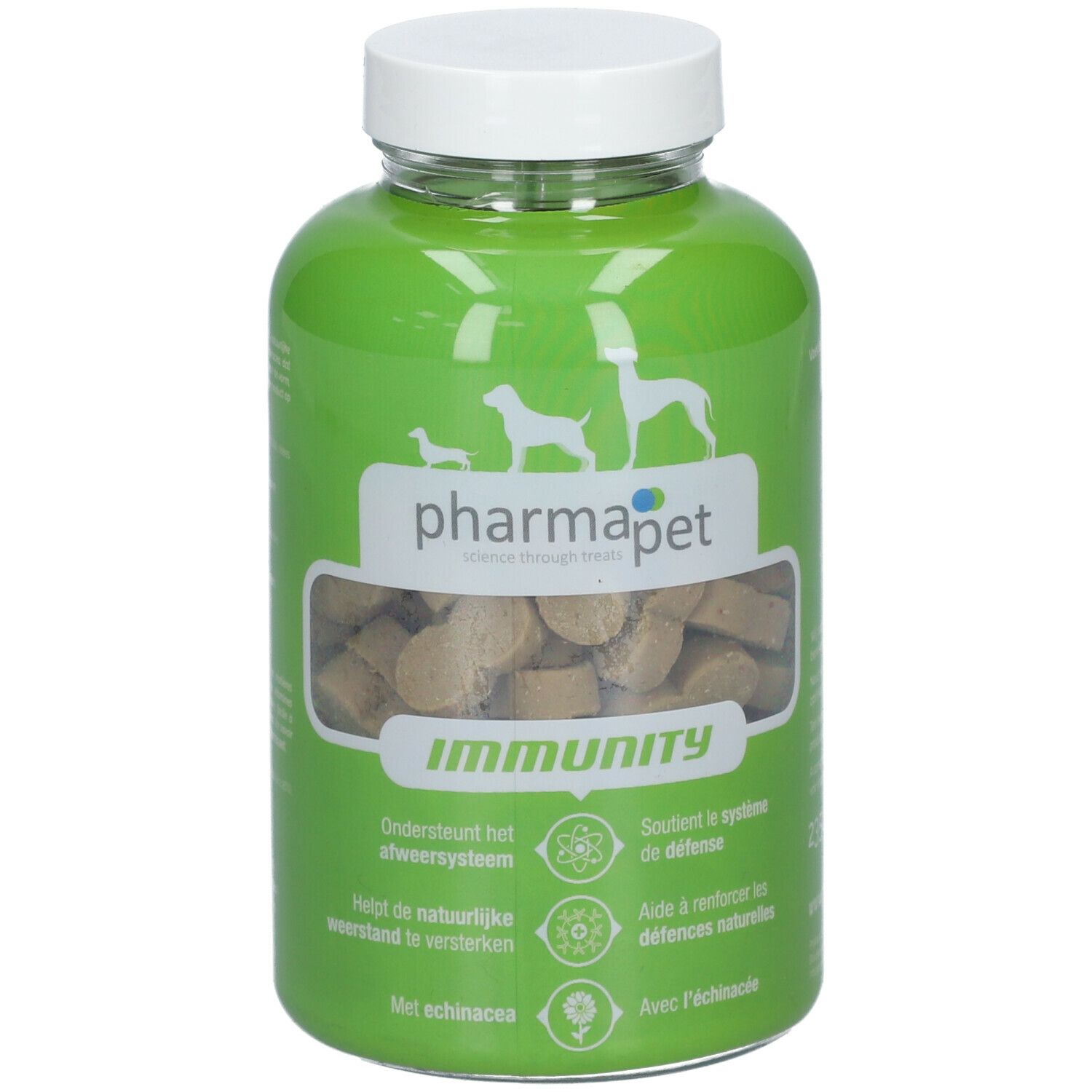 Groene fles met witte dop. Bevat tabletten. Opschrift: Pharma Pet Immunity.