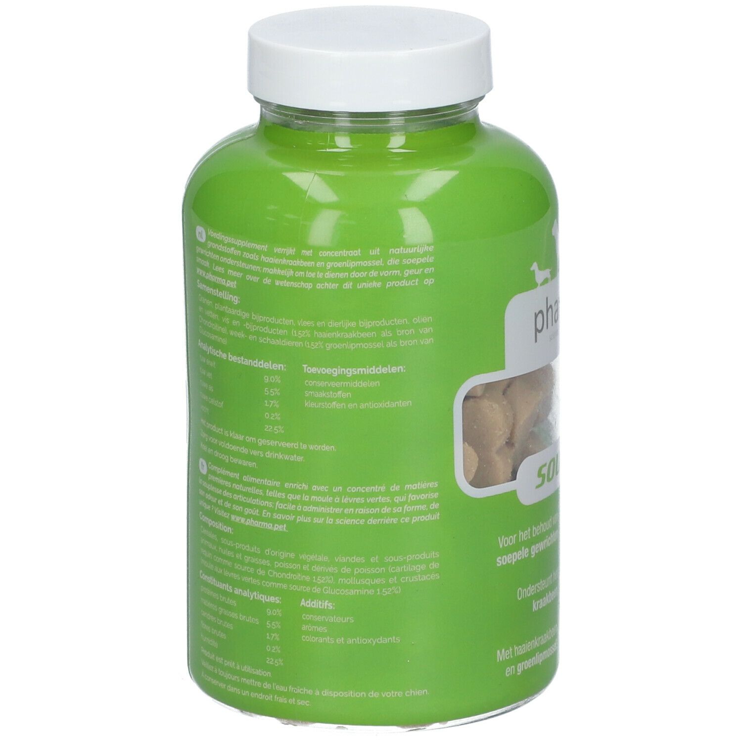 Achterkant van de groene fles. Tekst in meerdere talen. Bevat informatie over het product.