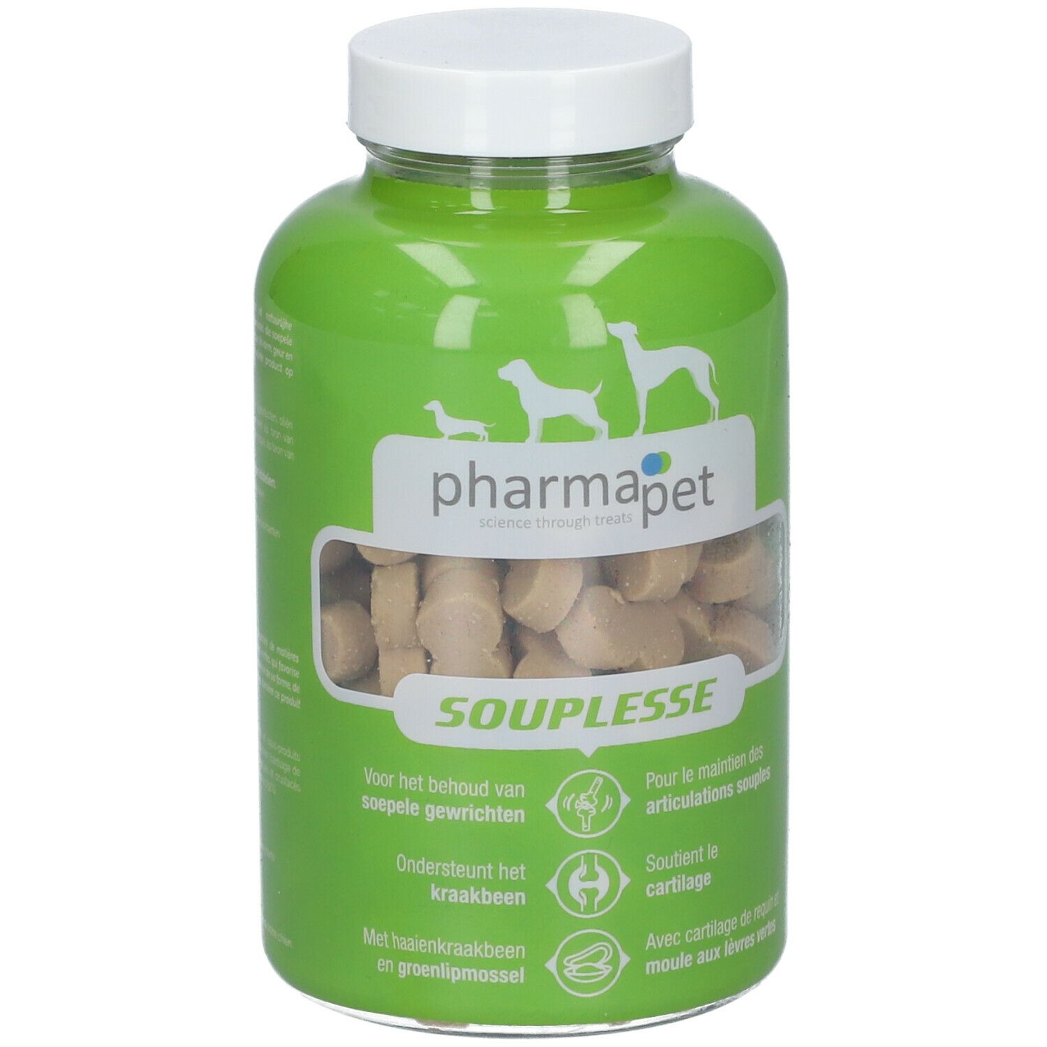 Groene fles met witte dop. Bevat tabletten. Opschrift: pharmapet, Souplesse.