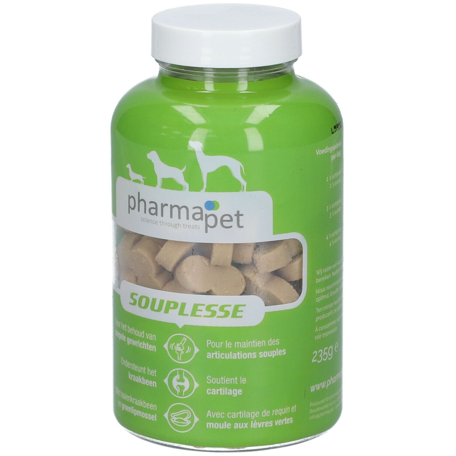 Groene fles met witte dop. Bevat tabletten. Opschrift: pharmapet, Souplesse.