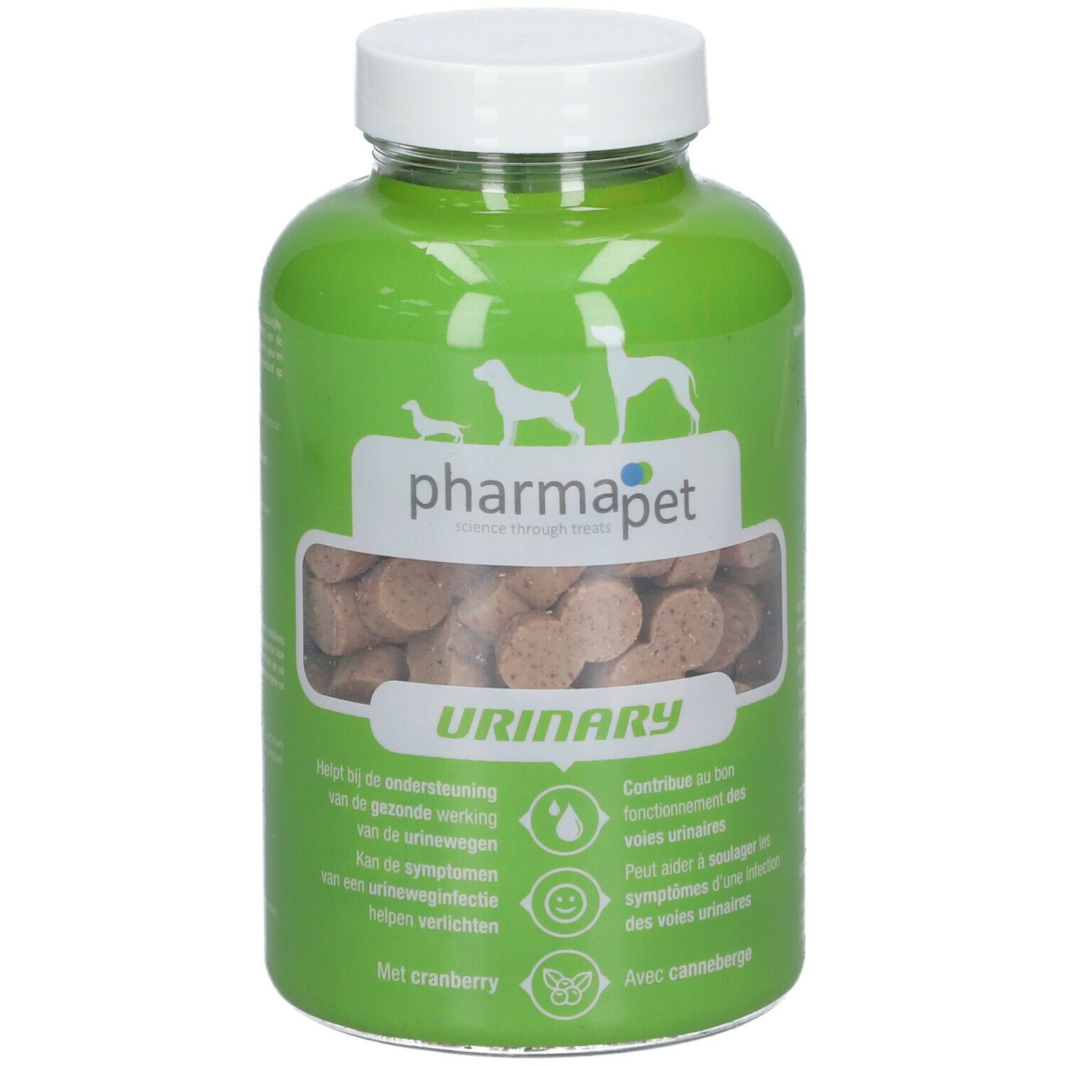 Groene fles met witte dop. Bevat tabletten. Opschrift: pharmapet URINARY. Met cranberry.