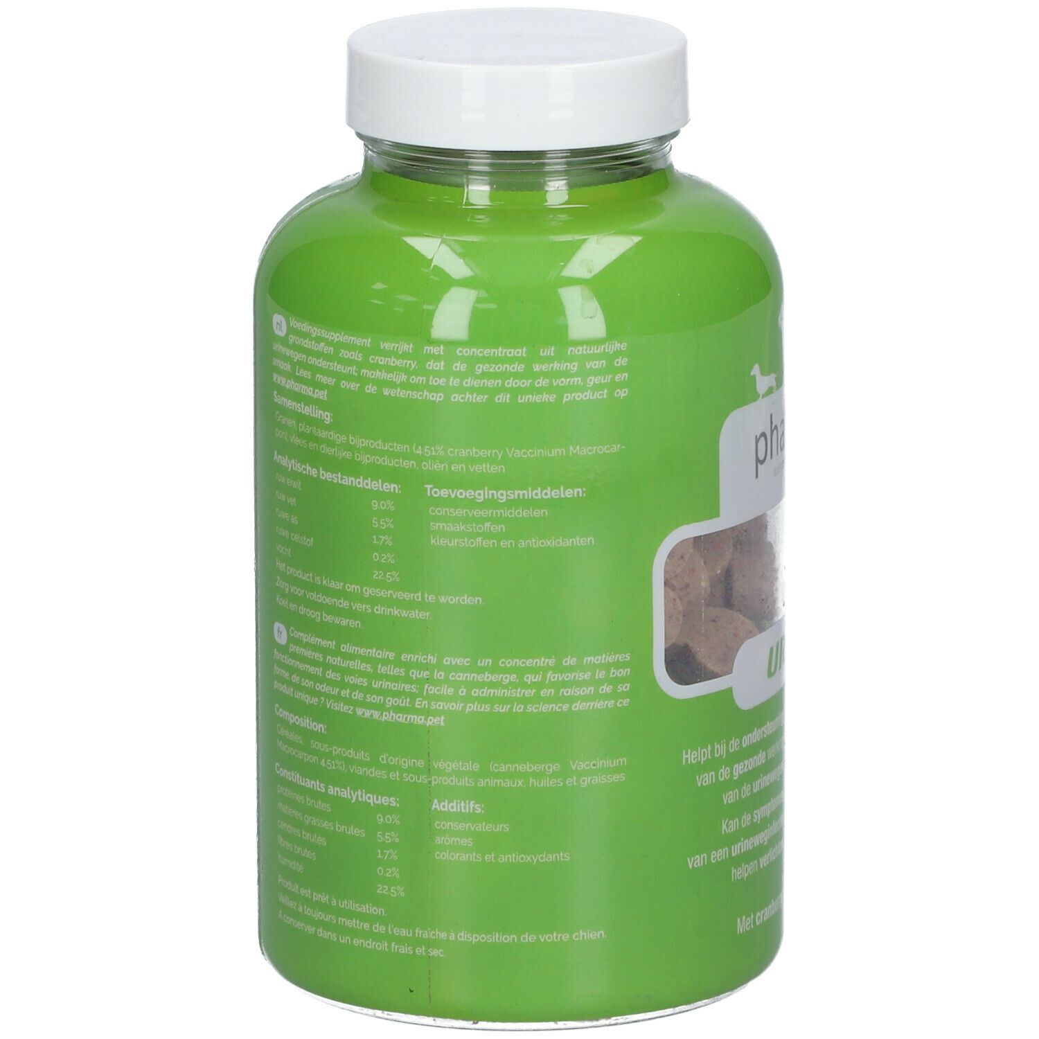 Achterkant van de groene fles. Tekst met ingrediënten en analyse. Opschrift: pharmapet URINARY.